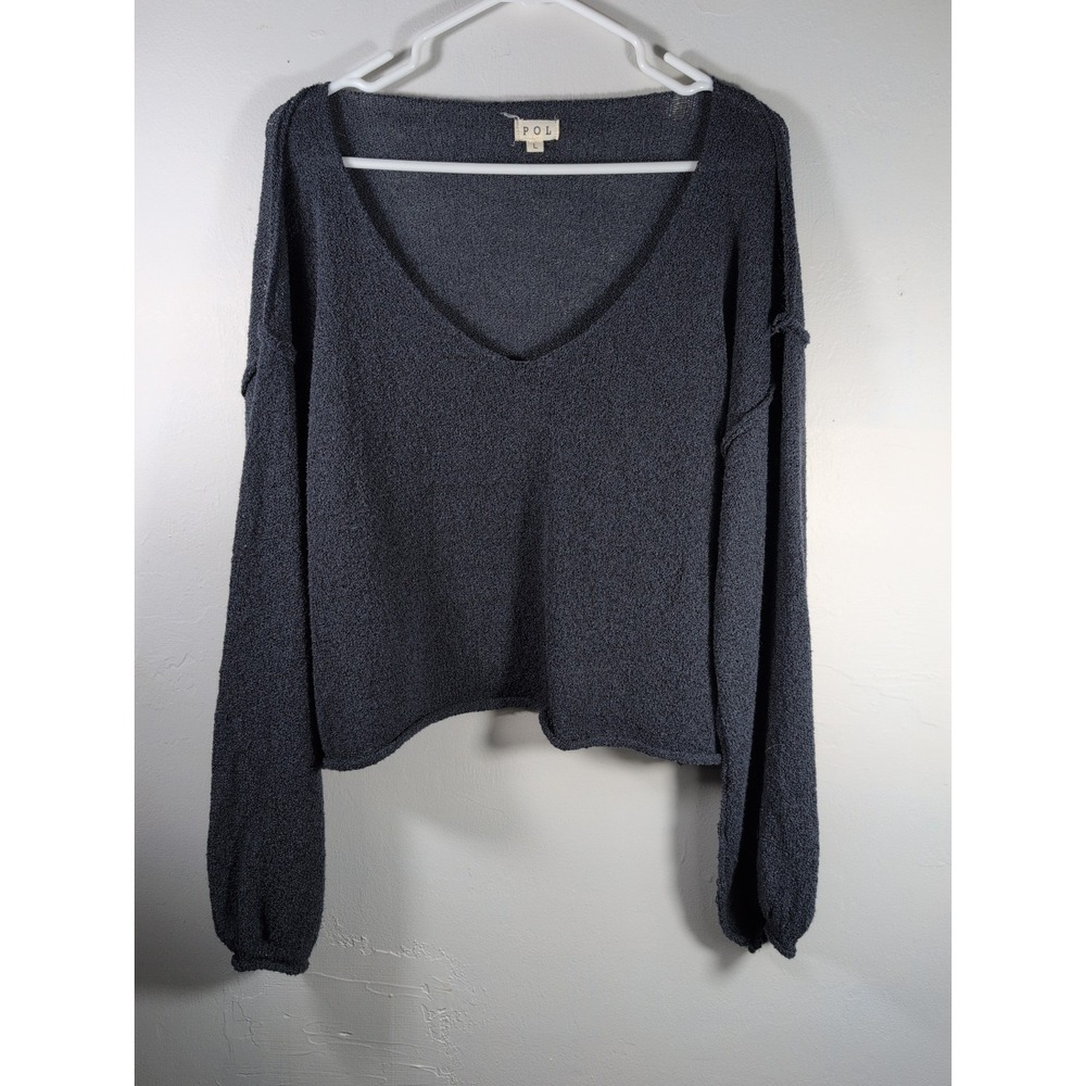 POL Sweater Womens Large Oversized Charcoal Gray Lightweight V-Neck
